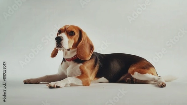 Fototapeta a beagle dog laying down on a white background