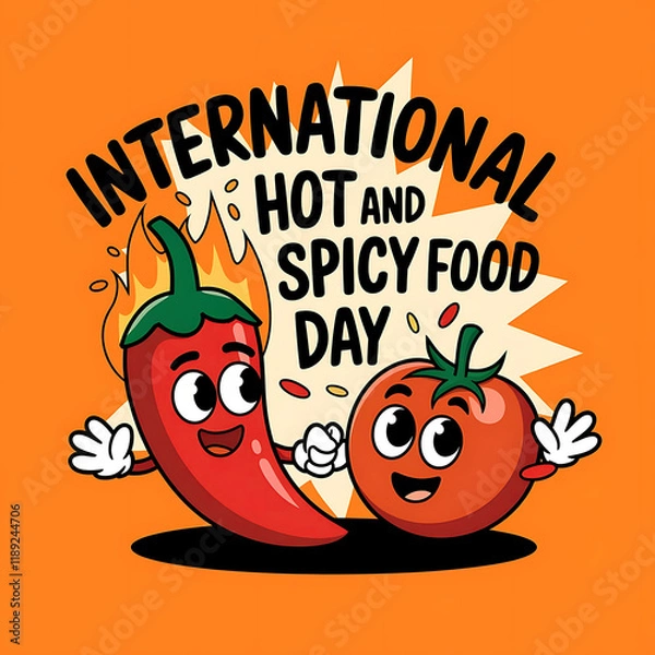 Fototapeta International Hot and Spicy Food Day Text Banner with Playful Chili Pepper and Tomato Design