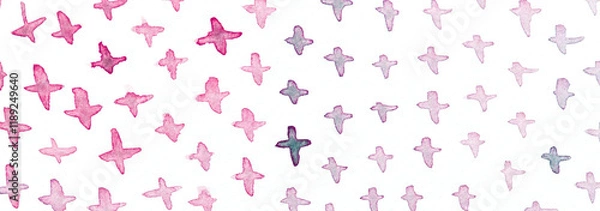 Fototapeta Watercolor birds pattern in gradient shades of pink and purple on white background.