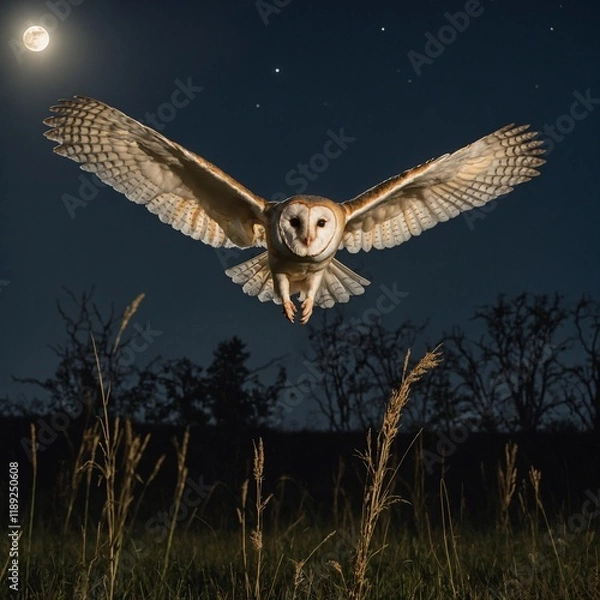 Obraz A barn owl in flight, carrying prey, illuminated by moonlight in a field.