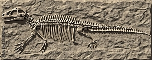 Fototapeta Fossilized Dinosaur Skeleton on Textured Stone Background for Educational Use.