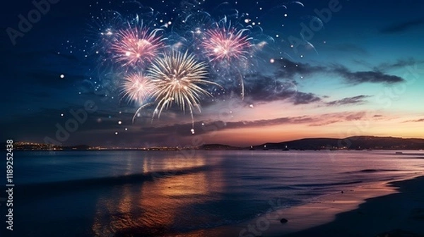 Fototapeta A photo of fireworks over an ocean horizon