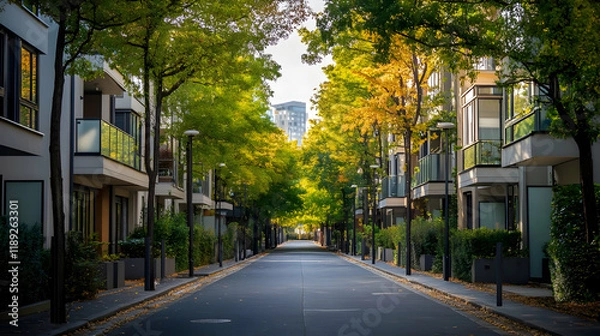 Fototapeta Modern Apartment Buildings in a Tree-Lined Street