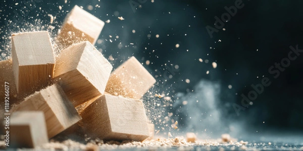 Fototapeta Tumbling Wooden Blocks in Motion with Dust and Splinters Against a Dark Background