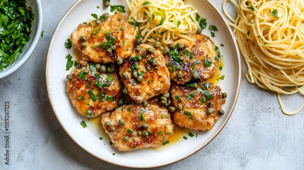 Fototapeta Chicken Piccata with Lemon Butter Sauce and Capers