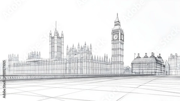 Fototapeta 3D wireframe illustration of London city featuring Big Ben Tower. concept for such as architectural design, cityscape visualization, urban planning, tourism or modern engineering.