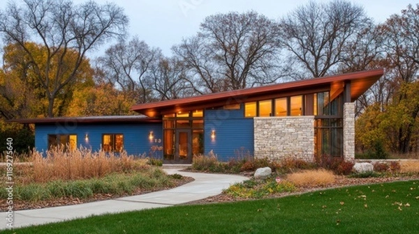 Fototapeta Modern house with large windows and stone accents, surrounded by autumn foliage.