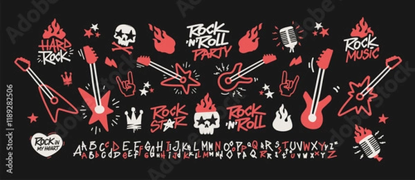 Fototapeta Rock Music and Punk Doodle signs collection for Rock Party and apparel print, pattern design. Rock n Roll pattern element set of guitar, skull, fire or flame, microphone, crown, font type, etc (set 1)