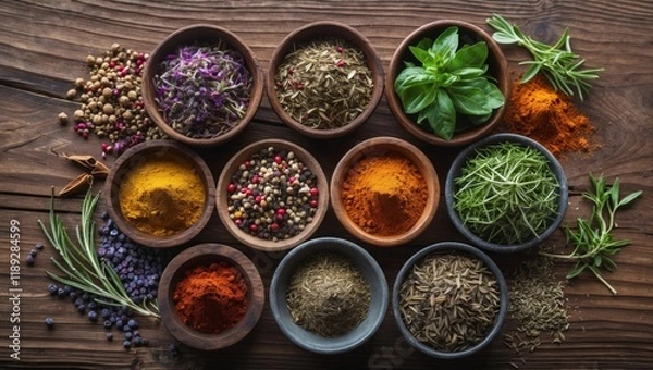 Obraz Vibrant assortment of herbs and spices on wood