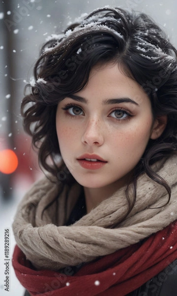 Fototapeta A close-up portrait of a woman, with snowflakes, capturing the serene calmness of a snowy day