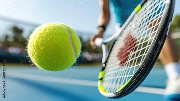 Fototapeta A tennis player skillfully returns a serve on a sunny court, the ball captured in a sharp close-up against a vibrant blue sky, reflecting athletic precision.