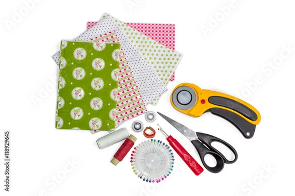 Obraz Composition of patchwork quilting instruments, items and fabrics