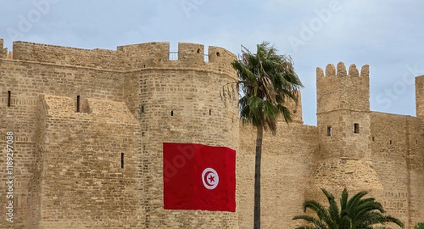 Fototapeta Ribat of Monastir in Tunisia with Tunisian flag and palm tree..