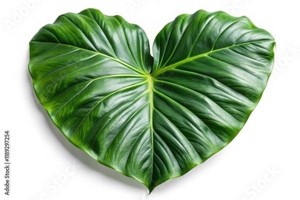 Obraz Dark green, heart-shaped leaves of an Alocasia Macrorrhizos, isolated; a tropical rainforest plant on white background.