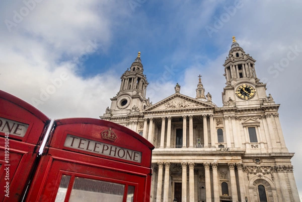 Obraz Two red telephone boxes in front of St. Paul's Cathedral
