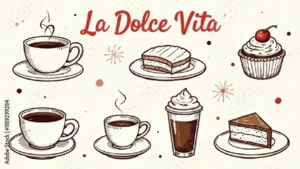 Obraz Hand draw la dolce vita breakfast doodles. Vector illustration of food and coffee icons. menus design, social media.