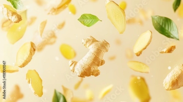 Fototapeta Floating ginger root slices and leaves.
