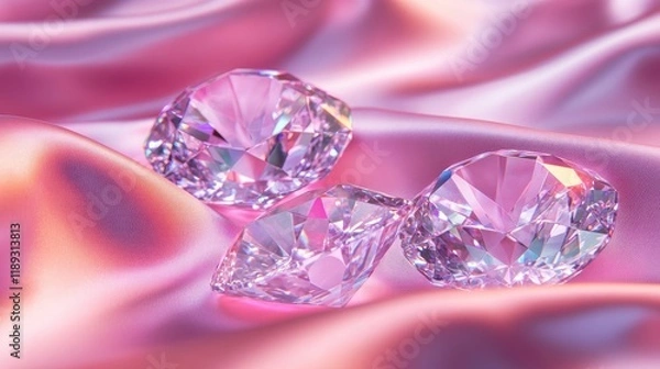 Fototapeta Three sparkling diamonds resting on soft, pink satin fabric.