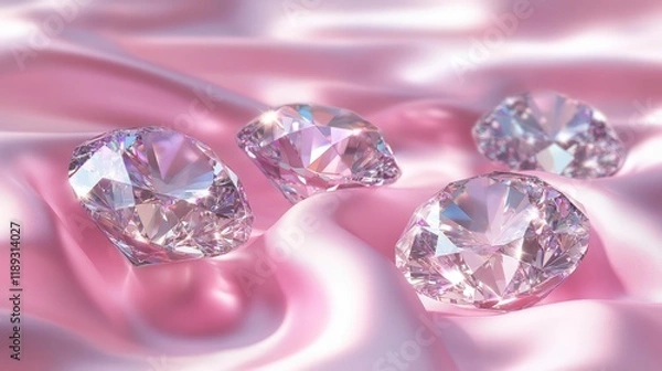 Fototapeta A collection of sparkling diamonds resting on soft pink satin fabric.
