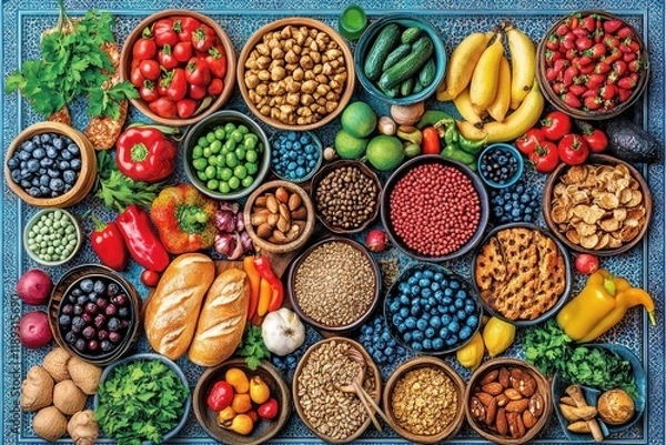 Fototapeta Vibrant Display of Fresh Fruits, Vegetables, and Grains on a Decorative Surface