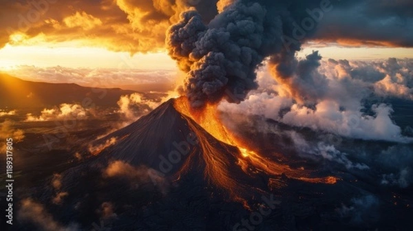 Fototapeta Volcanic Eruption at Sunset: An aerial view of an active volcano spewing lava and ash against a fiery sunset sky. The eruption's power and the sun's fading light create a dramatic, almost apocalyptic.
