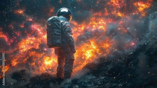 Fototapeta Astronaut standing on a celestial landscape amidst vibrant cosmic colors.