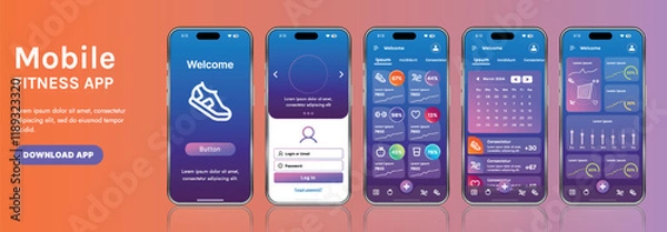 Fototapeta A sleek fitness app interface template featuring responsive design elements, including dashboards, charts, and statistics. Perfect for tracking health, weekly progress, and sports activities