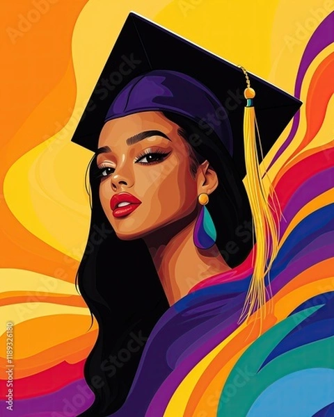 Fototapeta A vibrant pop art portrait of a beautiful young girl in a graduation gown and cap, featuring bold colors and dynamic patterns