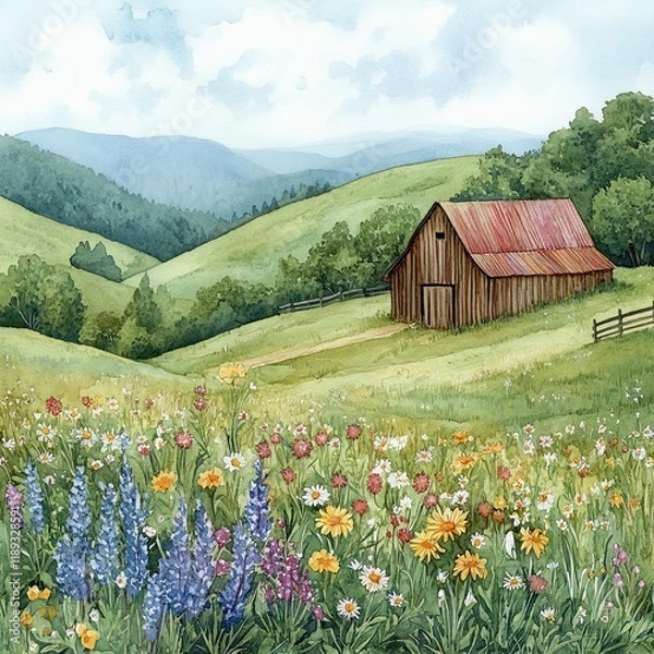 Obraz Whimsical Watercolor Cozy Serene Countryside Scene Whimsical watercolor of a serene countryside scene Cozy rural landscape in soft watercolor tones Hand-painted countryside with a tranquil vibe