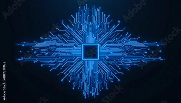 Obraz Glowing Blue Circuit Board Design with Central Chip