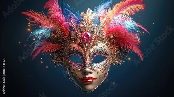 Fototapeta A vibrant masquerade mask adorned with feathers and jewels, symbolizing celebration and mystery.