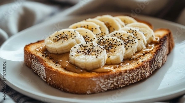 Fototapeta A beautifully styled shot of toasted bread with a spread of almond butter, topped with sliced bananas and chia seeds, arranged on a white plate with soft natural lighting.