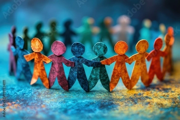 Fototapeta A group of paper people coming together as a team, symbolizing unity and mutual support.

