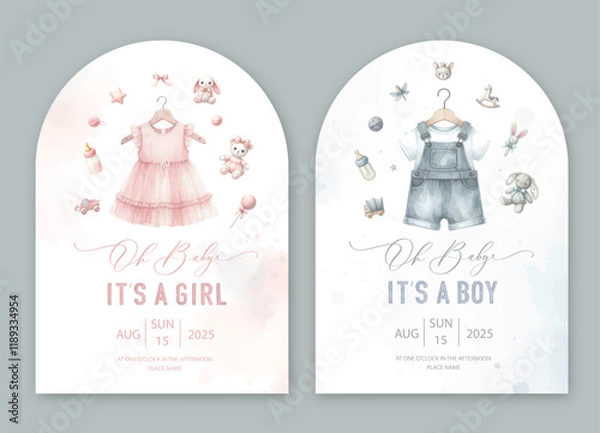 Obraz Cute baby shower watercolor invitation card for baby and kids new born celebration. Its a girl, Its a boy card with baby dress and toys.