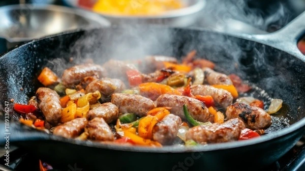 Fototapeta A close-up of sausages cooking in a cast iron skillet, surrounded by sauted onions and peppers, with steam rising from the hot pan.