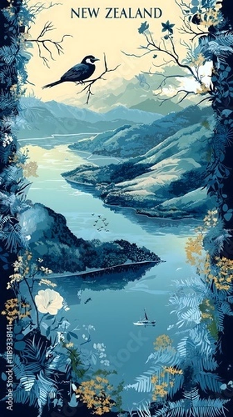 Fototapeta Idyllic Scenic Landscape of New Zealand with Native Flora and Fauna