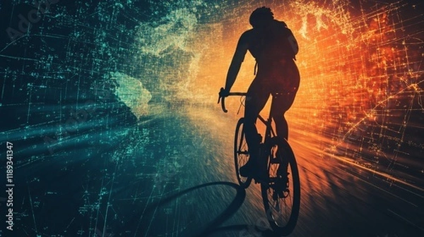Fototapeta Silhouette of a Cyclist Riding on a Road with Digital Background