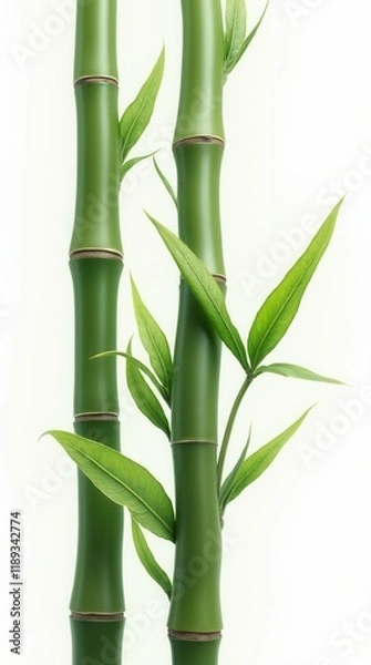 Fototapeta Bamboo Green Sticks With Leaves  Isolated On White Background