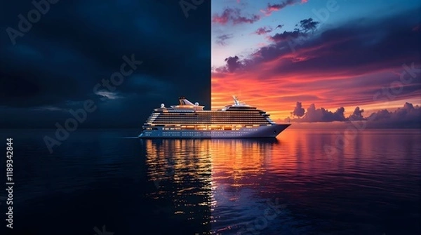 Obraz Split image of cruise ship at sunset and night, travel and vacation