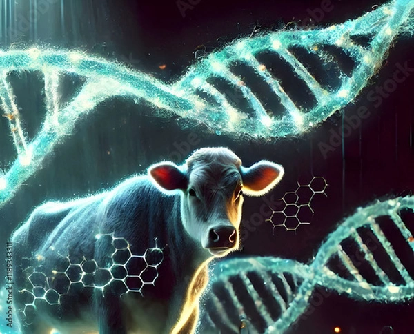 Obraz Cow with glowing DNA strands, genetic research and animal science