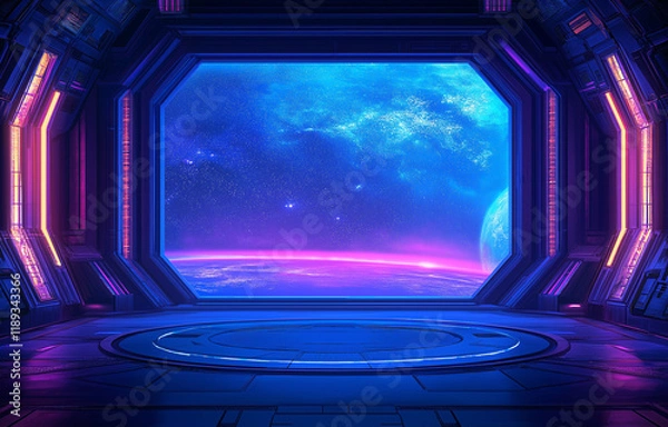 Fototapeta Futuristic space station window view of glowing Earth, sci-fi interior with neon purple and blue lighting, advanced cosmic exploration theme, space travel.