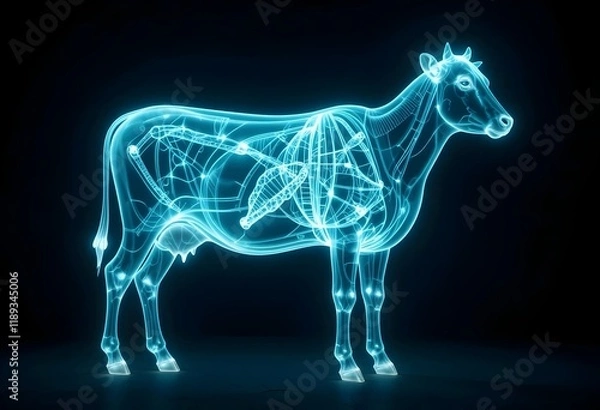 Fototapeta Digital transparent cow with organs, animal study, technology