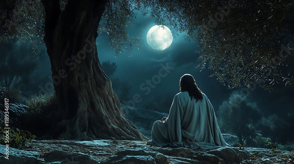 Fototapeta Jesus praying at the center of Gethsemane under a glowing moon, surrounded by twisted olive branches, serene garden atmosphere, intricate bark and leaf textures, cinematic depth,