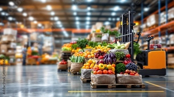 Obraz Warehouse with fresh produce and a forklift,Smart Handling Equipment, food distribution
