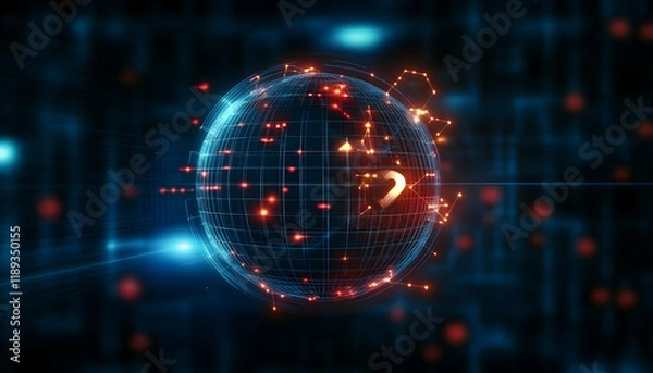 Fototapeta Global network connections, data flow visualization, digital world, question mark, abstract background;  website banner, tech report