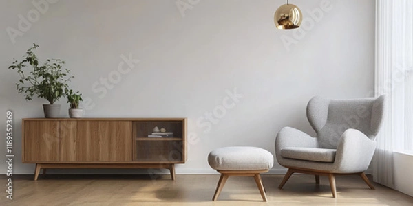 Obraz Interior of a bright living room with armchair on empty white wall background. 
