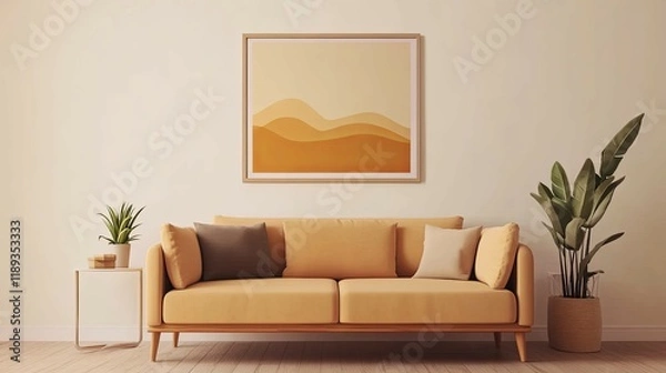 Obraz Calm Living Room: Mustard Sofa with Abstract Landscape Art