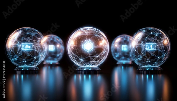 Fototapeta Glowing network spheres predicting future trends, dark background; for tech, finance, or prediction concepts