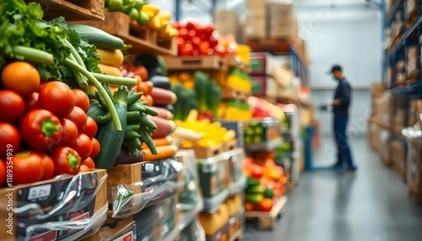 Obraz Fresh Produce Display at a Wholesale Market with Workers in Background