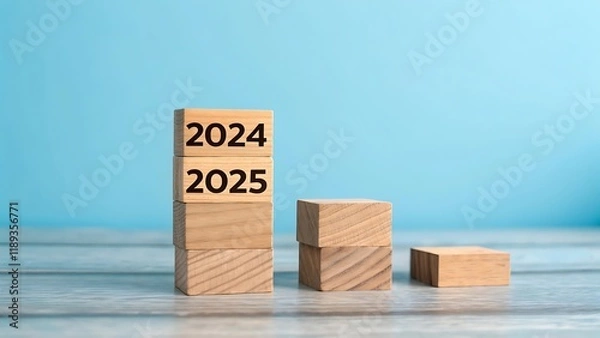 Fototapeta 2025 Happy New Year. Wooden cube block change from 2024 to 2025 on blue. Concept 2025 New Year background. Business, resolutions, goals, inspiration, success, ideas